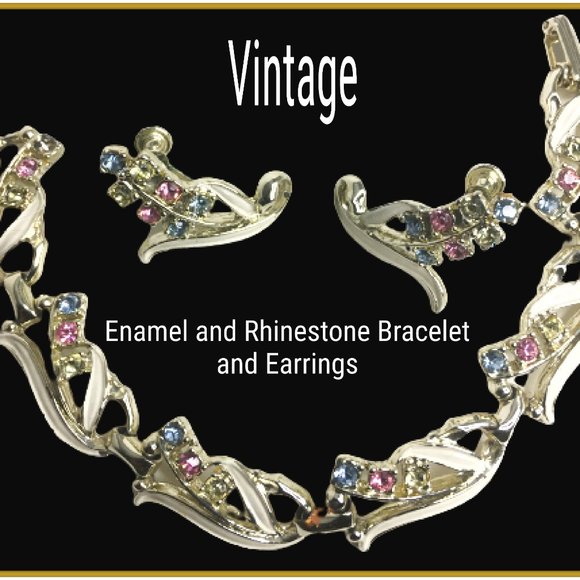 Vintage Jewelry - Vintage enamel and rhinestone Bracelet and Earrings